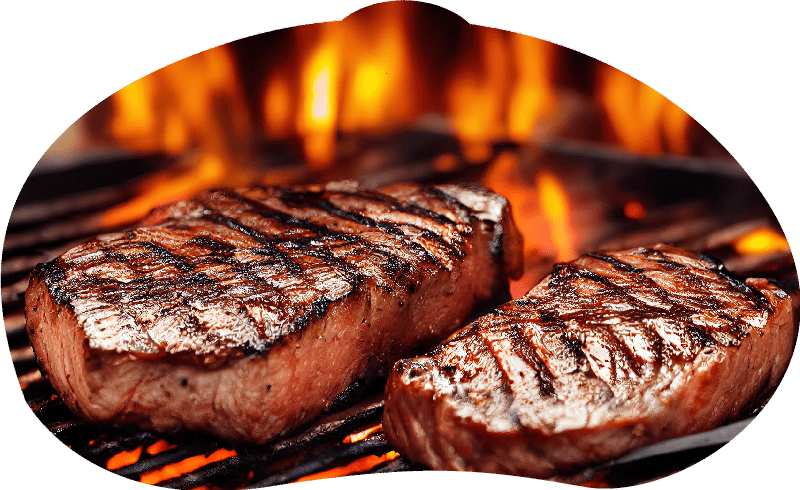 two steaks cooking on a grill with flames in the background and a fork in the foreground of the picture. .